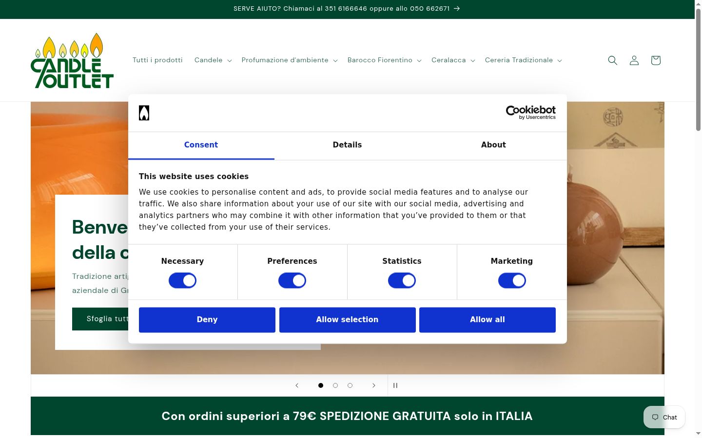 Screenshot del banner di consenso mostrato prima di qualsiasi interazione