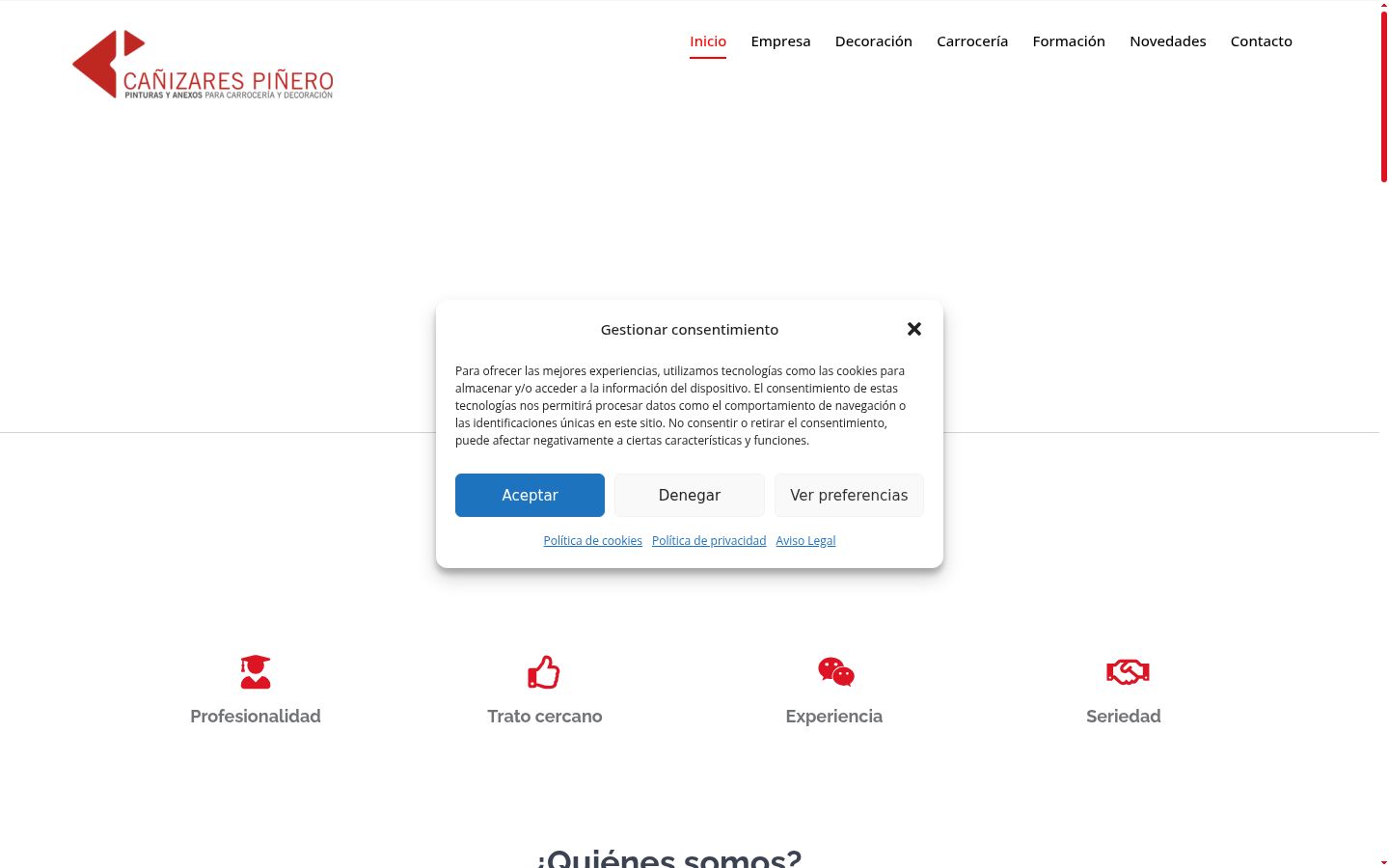 Captura de pantalla del banner de consentimiento mostrado antes de cualquier interacción