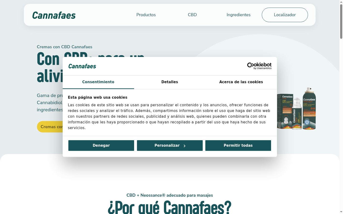 Captura de pantalla del banner de consentimiento mostrado antes de cualquier interacción