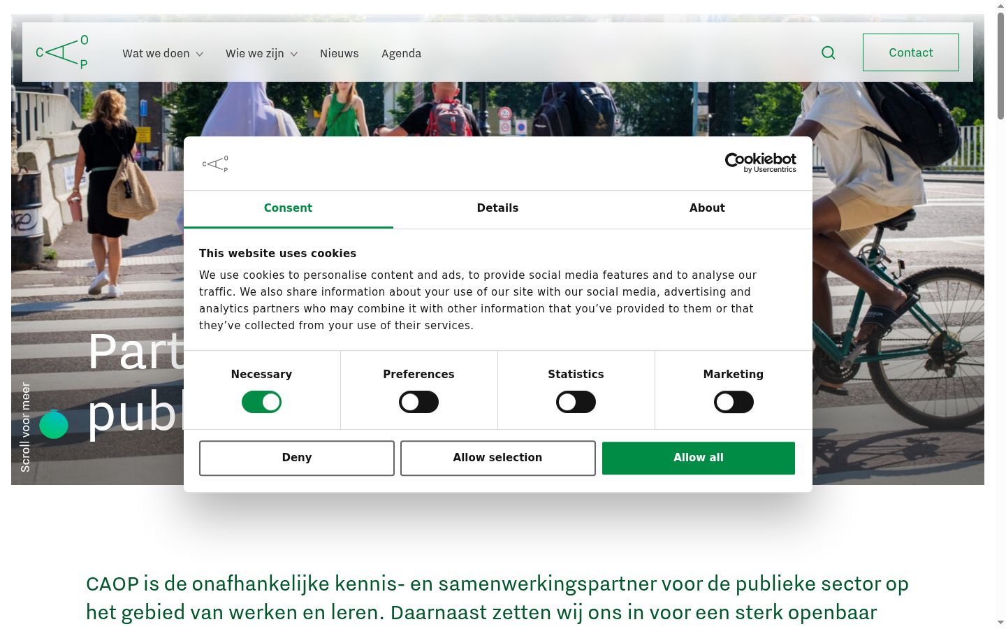 Screenshot del banner di consenso mostrato prima di qualsiasi interazione