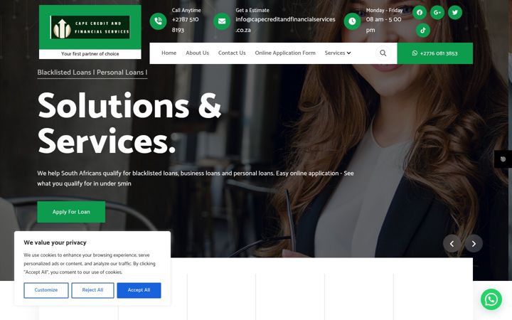 Ekraanipilt saidist capecreditandfinancialservices.co.za