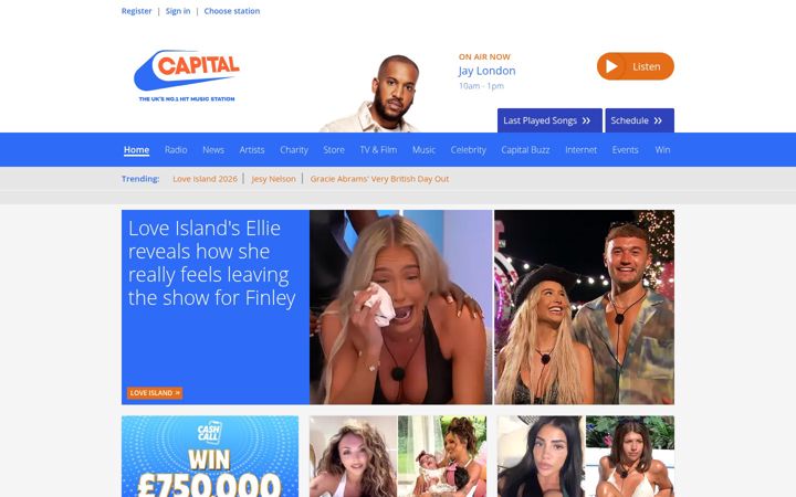 Snímek obrazovky capitalfm.com