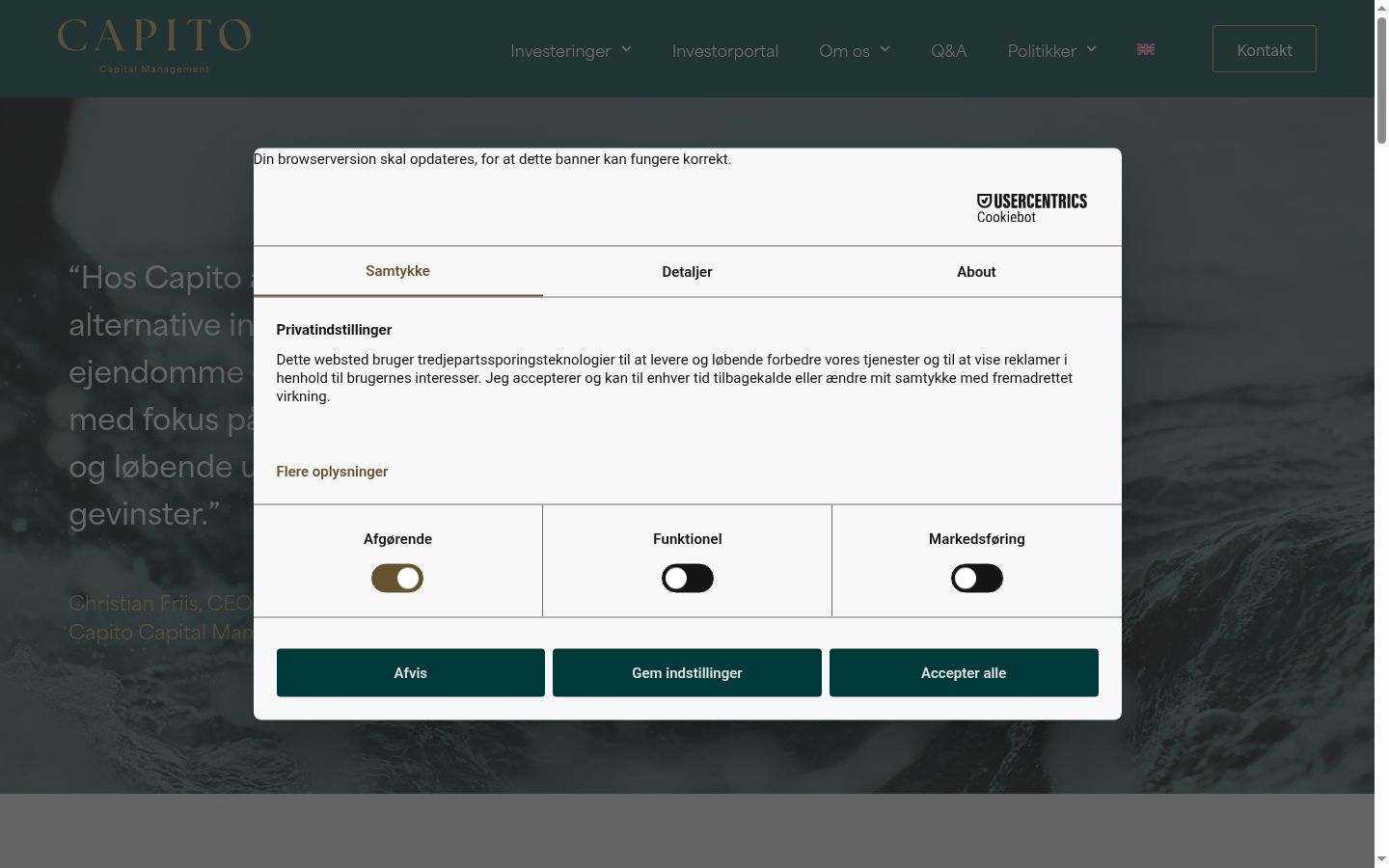 Screenshot del banner di consenso mostrato prima di qualsiasi interazione