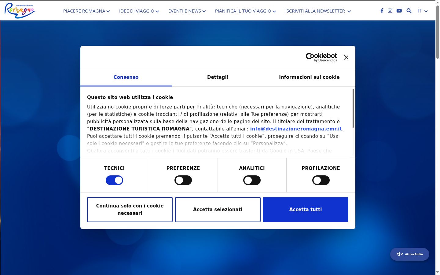 Screenshot del banner di consenso mostrato prima di qualsiasi interazione