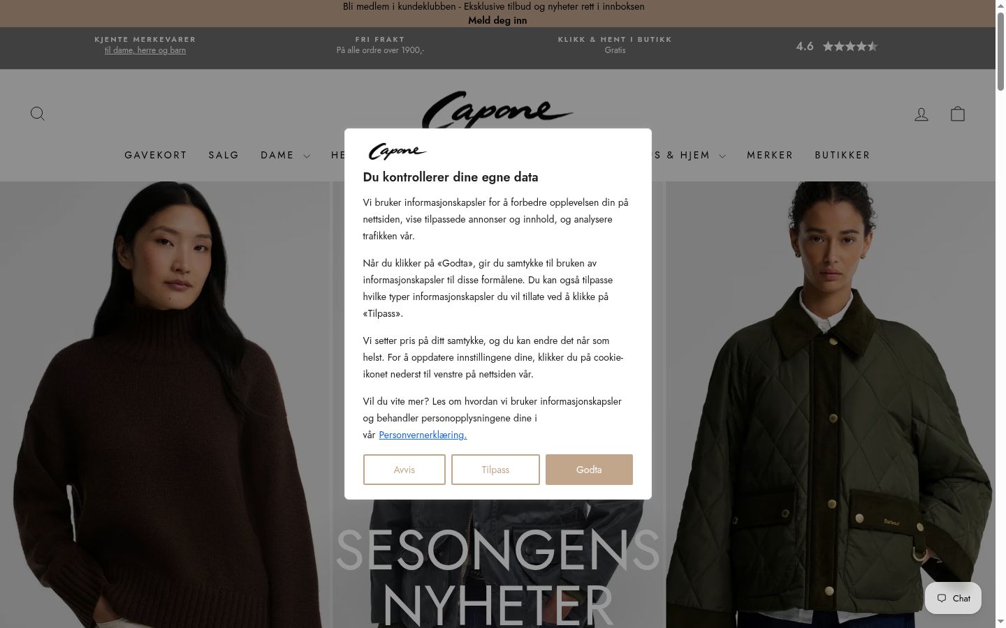 Captura de ecrã do banner de consentimento apresentado antes de qualquer interação