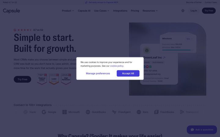 Screenshot of capsulecrm.com