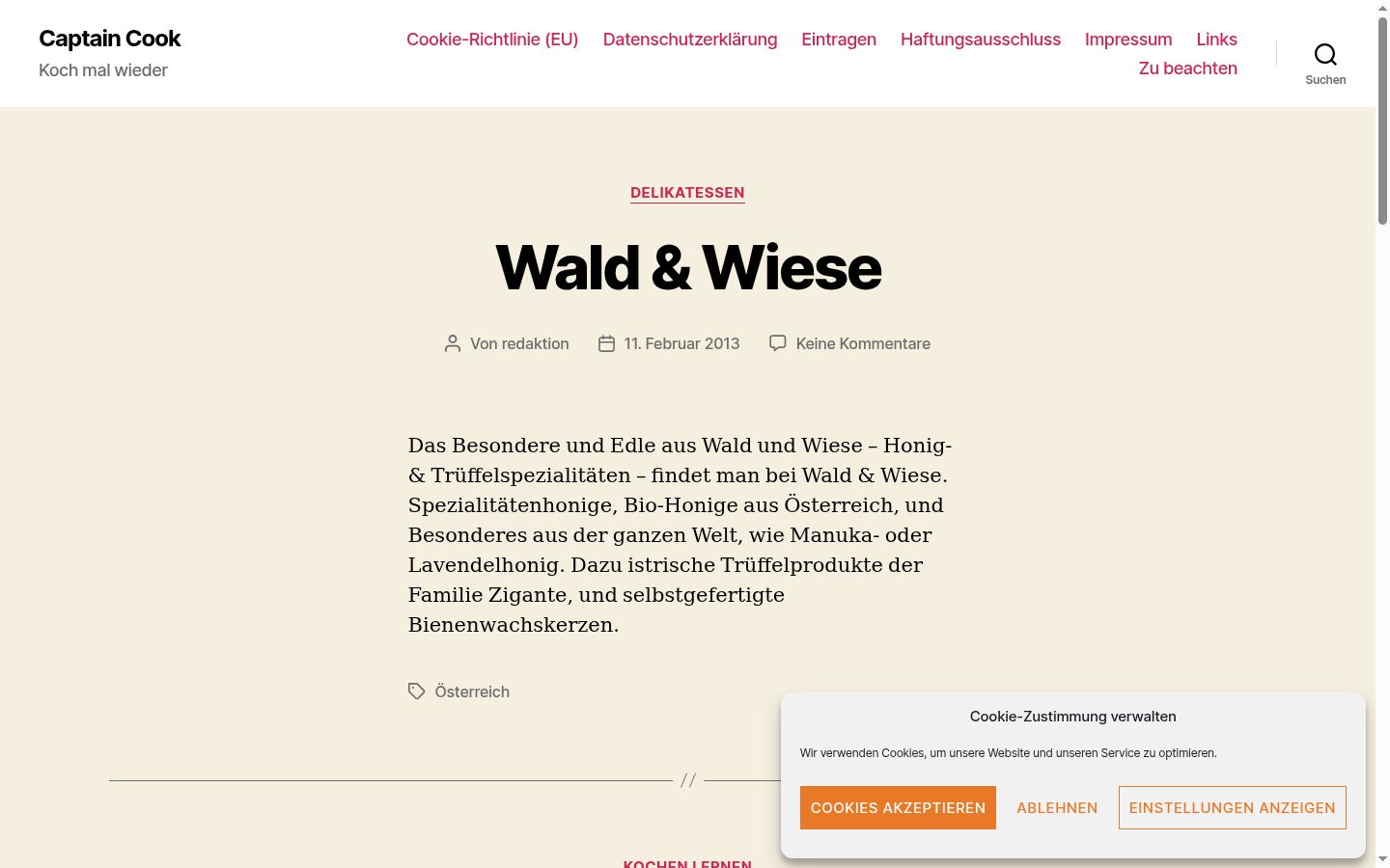 Screenshot des Einwilligungsbanners vor jeglicher Interaktion