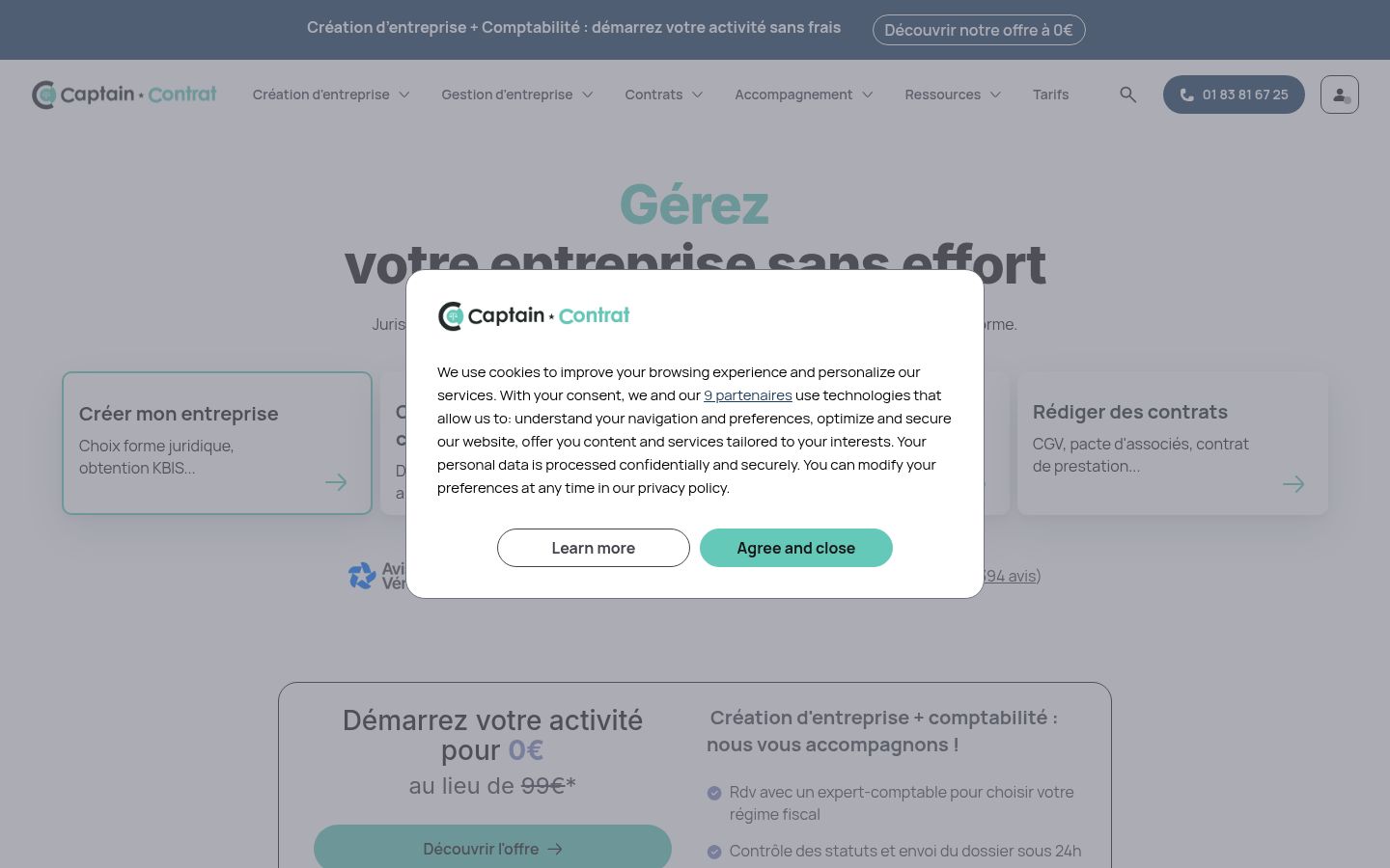 Capture d'écran de la bannière de consentement affichée avant toute interaction