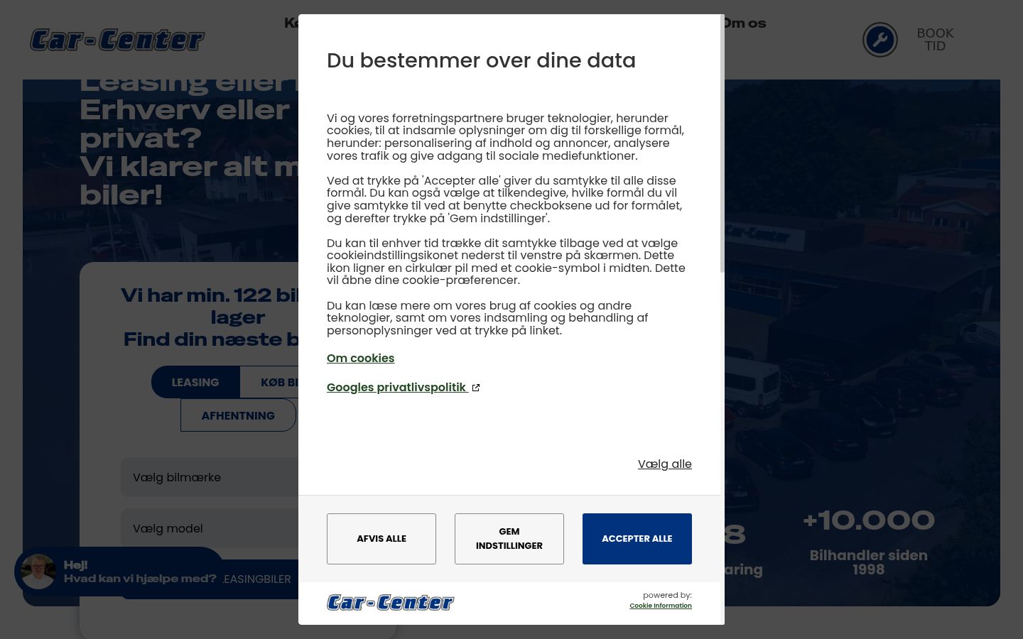 Skærmbillede af samtykkebanneret, som det blev vist før nogen interaktion