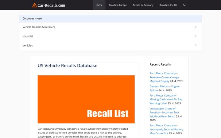 Kuvakaappaus sivustosta car-recalls.com