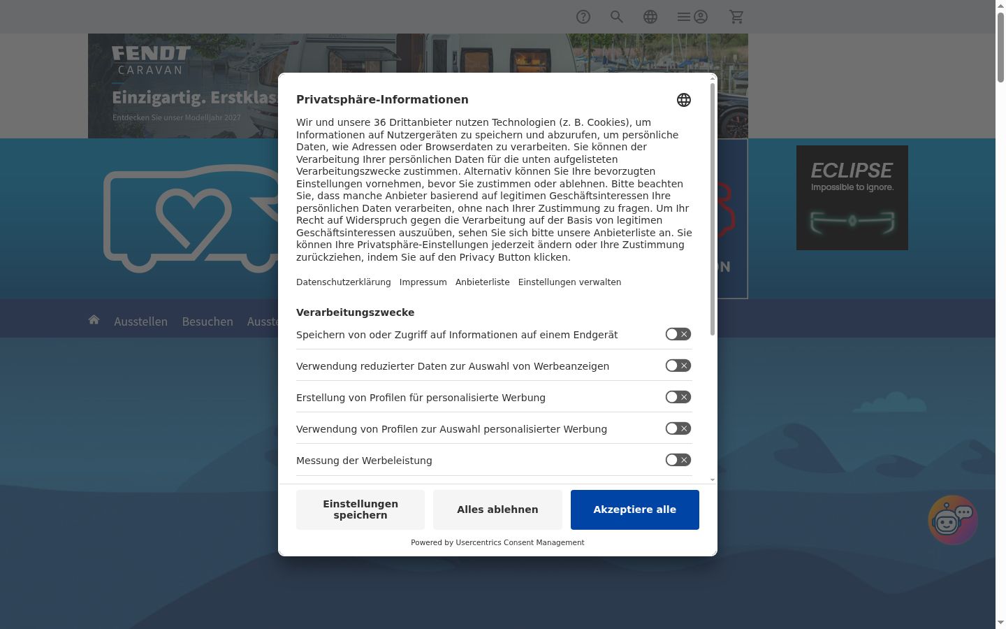 Screenshot des Einwilligungsbanners vor jeglicher Interaktion