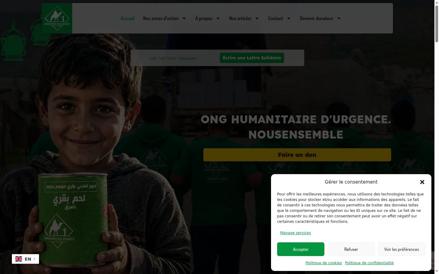 Capture d'écran de la bannière de consentement affichée avant toute interaction