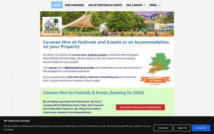 Screenshot of caravanhireforanyevent.co.uk