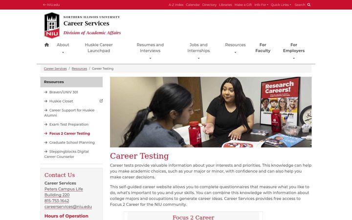 Screenshot of careerassessment.niu.edu