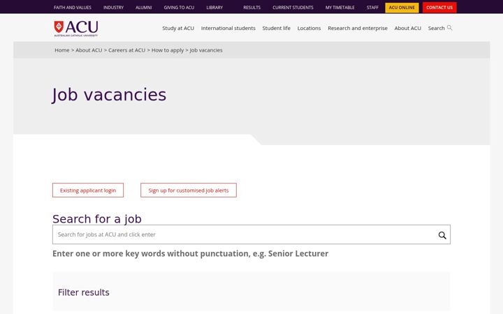 Screenshot of careers.acu.edu.au