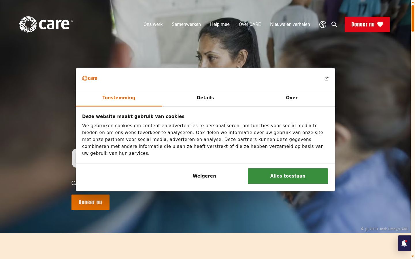 Screenshot van de toestemmingsbanner zoals getoond vóór enige interactie