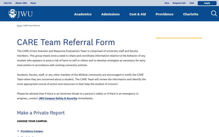 Screenshot von carereferral.jwu.edu