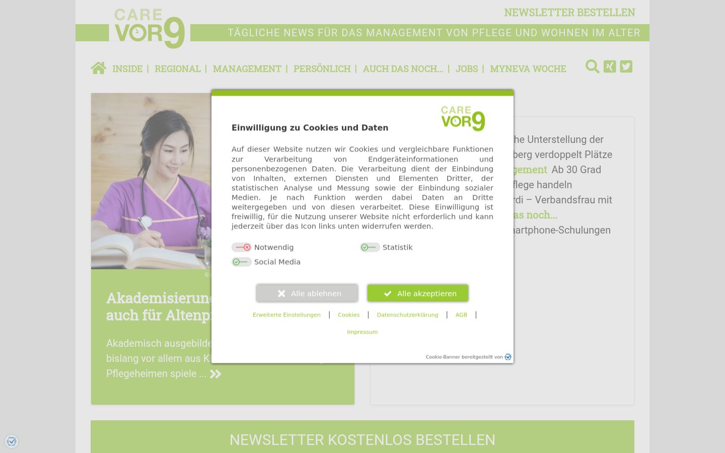 Captura de ecrã do banner de consentimento apresentado antes de qualquer interação