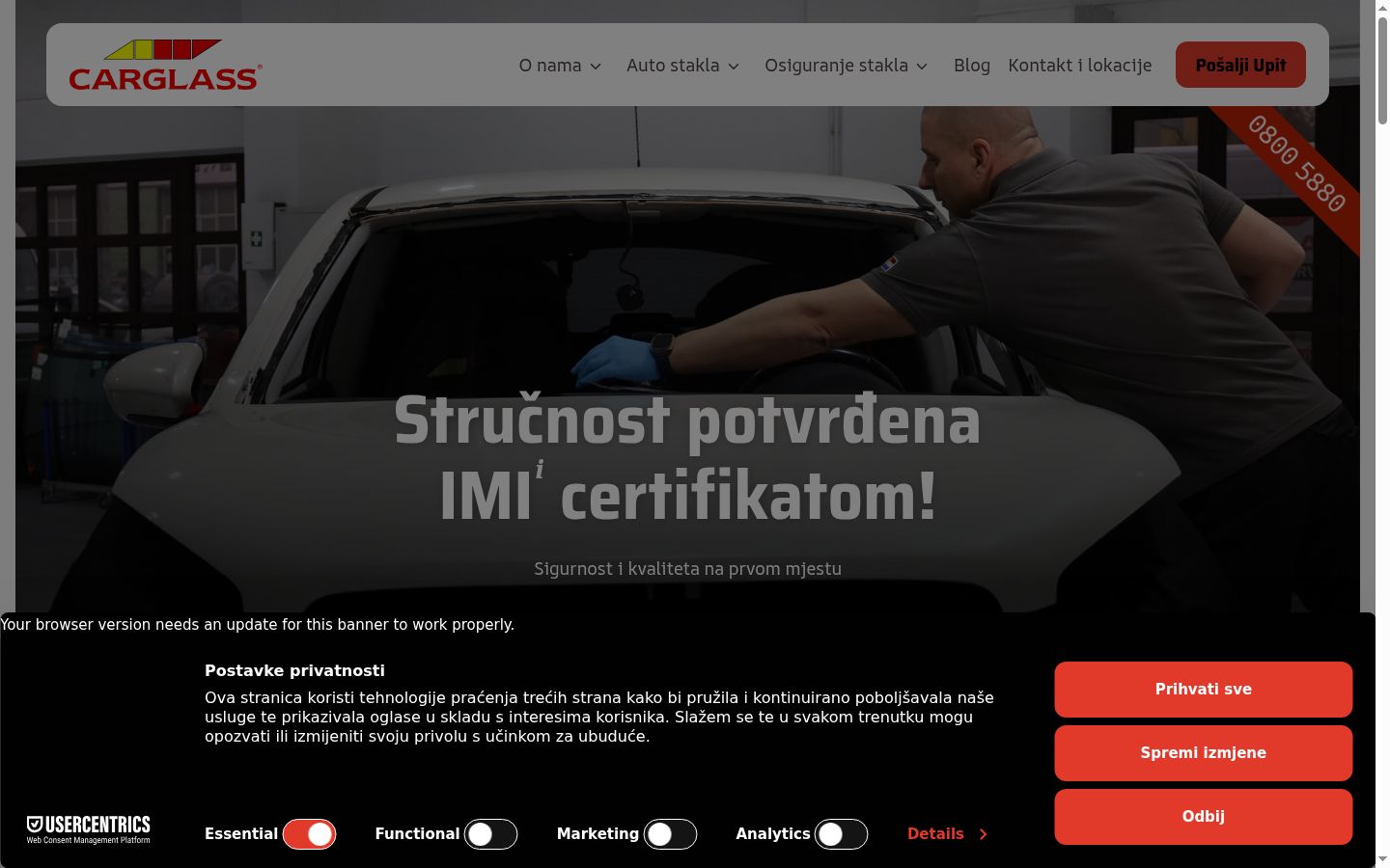 Posnetek zaslona pasice za privolitev, prikazane pred kakršno koli interakcijo