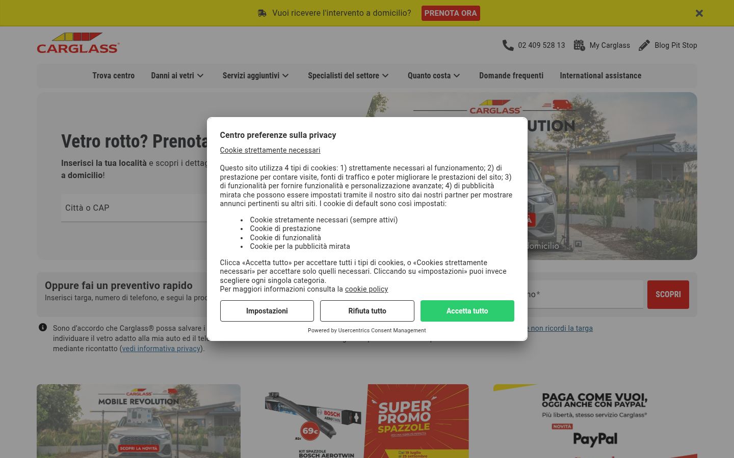 Screenshot del banner di consenso mostrato prima di qualsiasi interazione