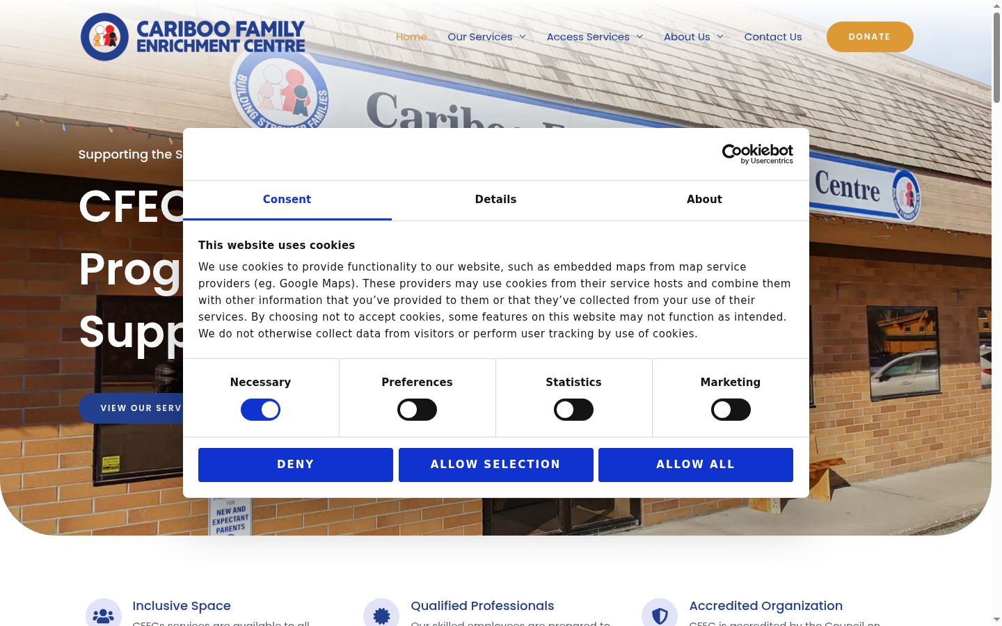 Captura de ecrã do banner de consentimento apresentado antes de qualquer interação