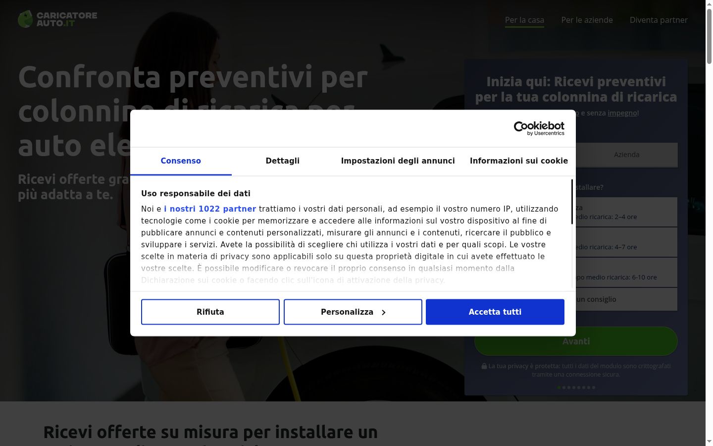 Screenshot del banner di consenso mostrato prima di qualsiasi interazione