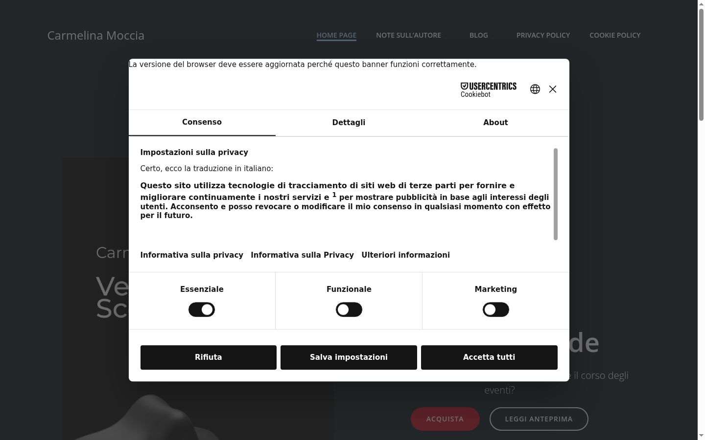 Screenshot del banner di consenso mostrato prima di qualsiasi interazione