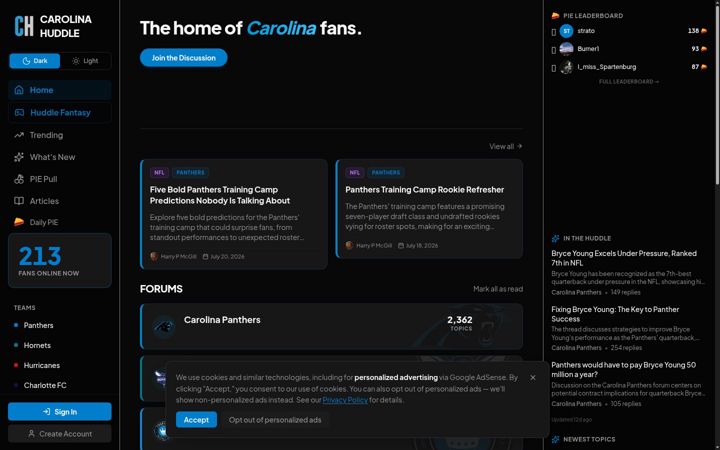 Screenshot of carolinahuddle.com