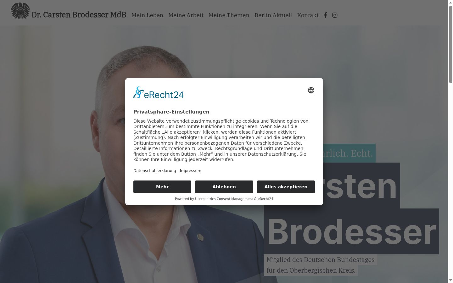 Screenshot des Einwilligungsbanners vor jeglicher Interaktion