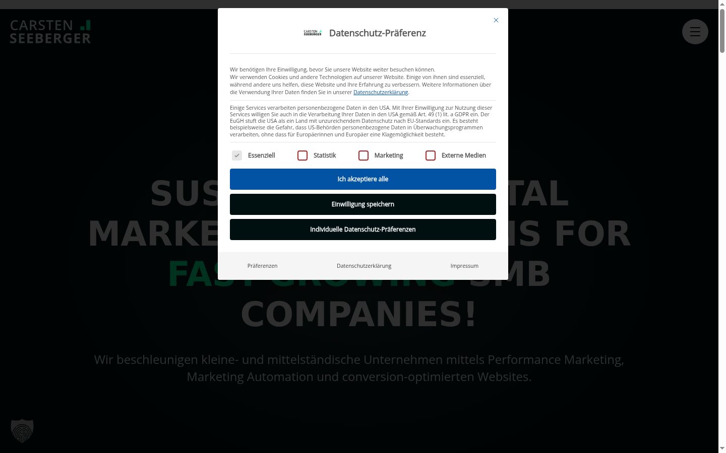 Screenshot del banner di consenso mostrato prima di qualsiasi interazione