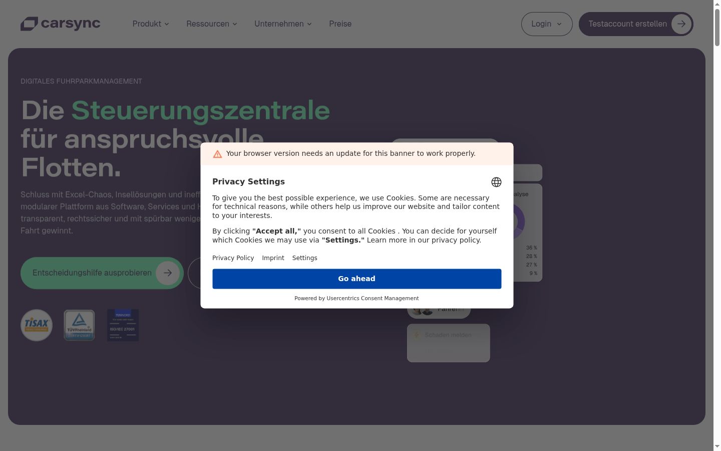 Screenshot des Einwilligungsbanners vor jeglicher Interaktion