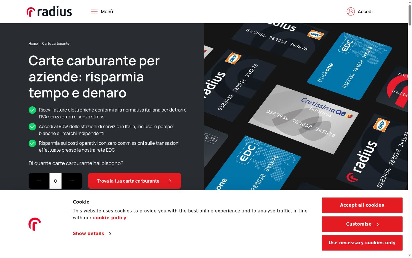 Screenshot del banner di consenso mostrato prima di qualsiasi interazione
