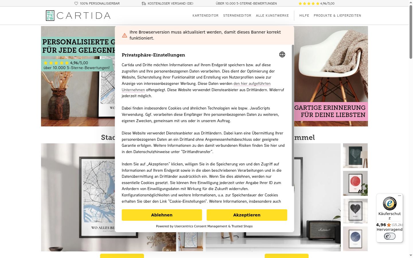 Screenshot del banner di consenso mostrato prima di qualsiasi interazione
