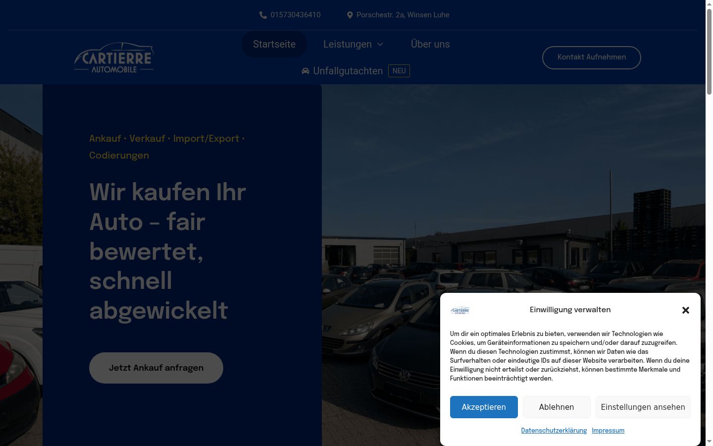 Screenshot des Einwilligungsbanners vor jeglicher Interaktion