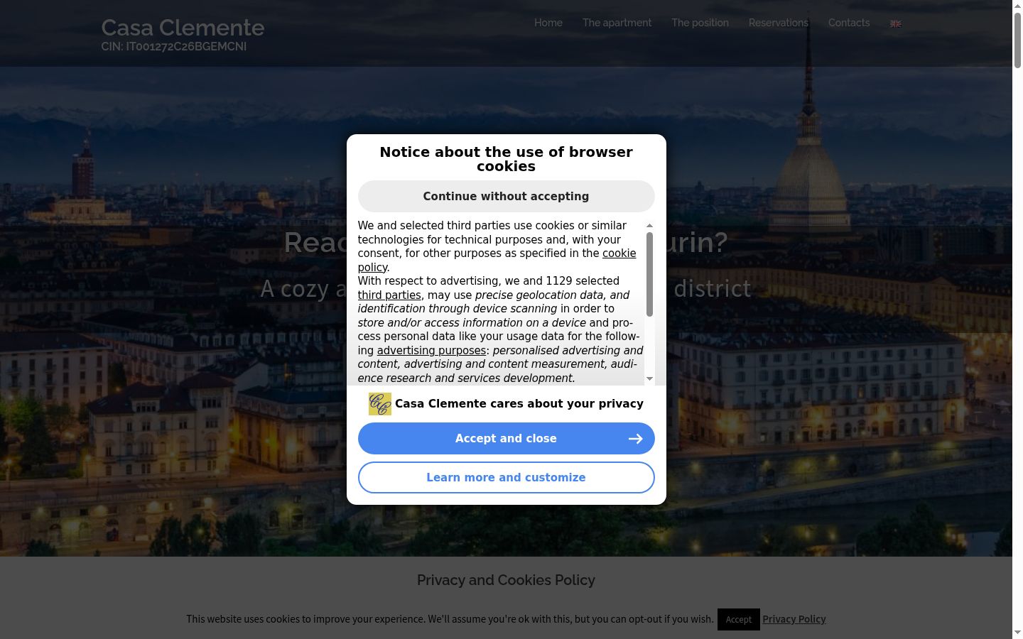 Screenshot del banner di consenso mostrato prima di qualsiasi interazione