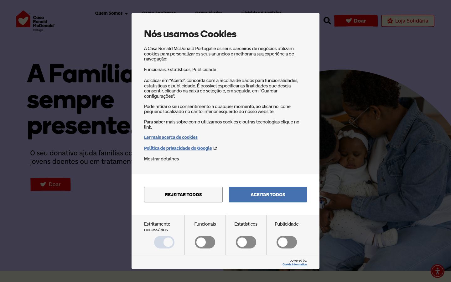 Screenshot del banner di consenso mostrato prima di qualsiasi interazione