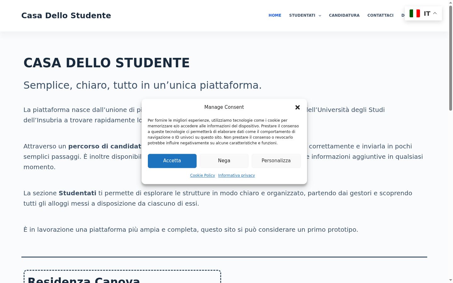 Screenshot del banner di consenso mostrato prima di qualsiasi interazione