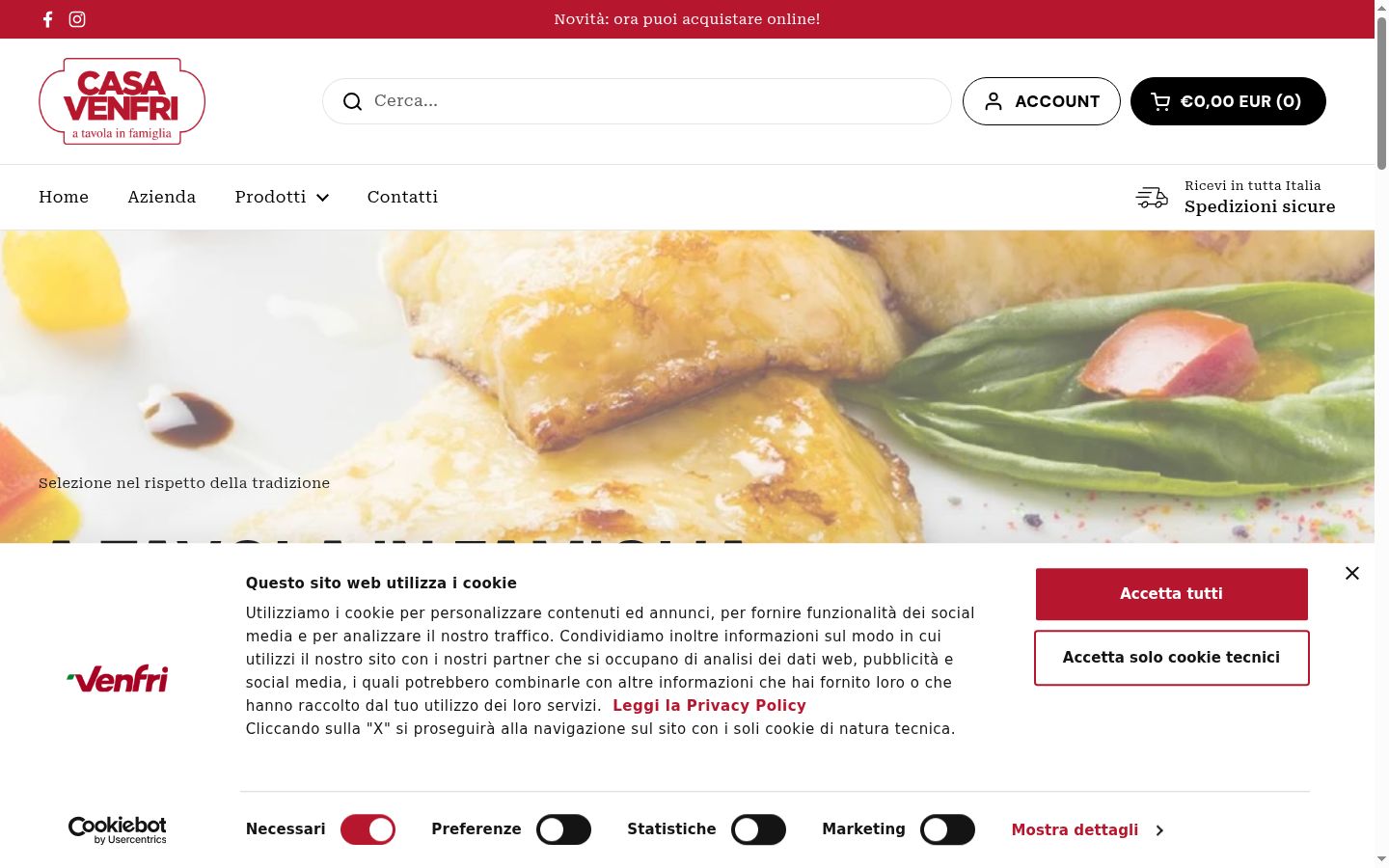 Screenshot del banner di consenso mostrato prima di qualsiasi interazione