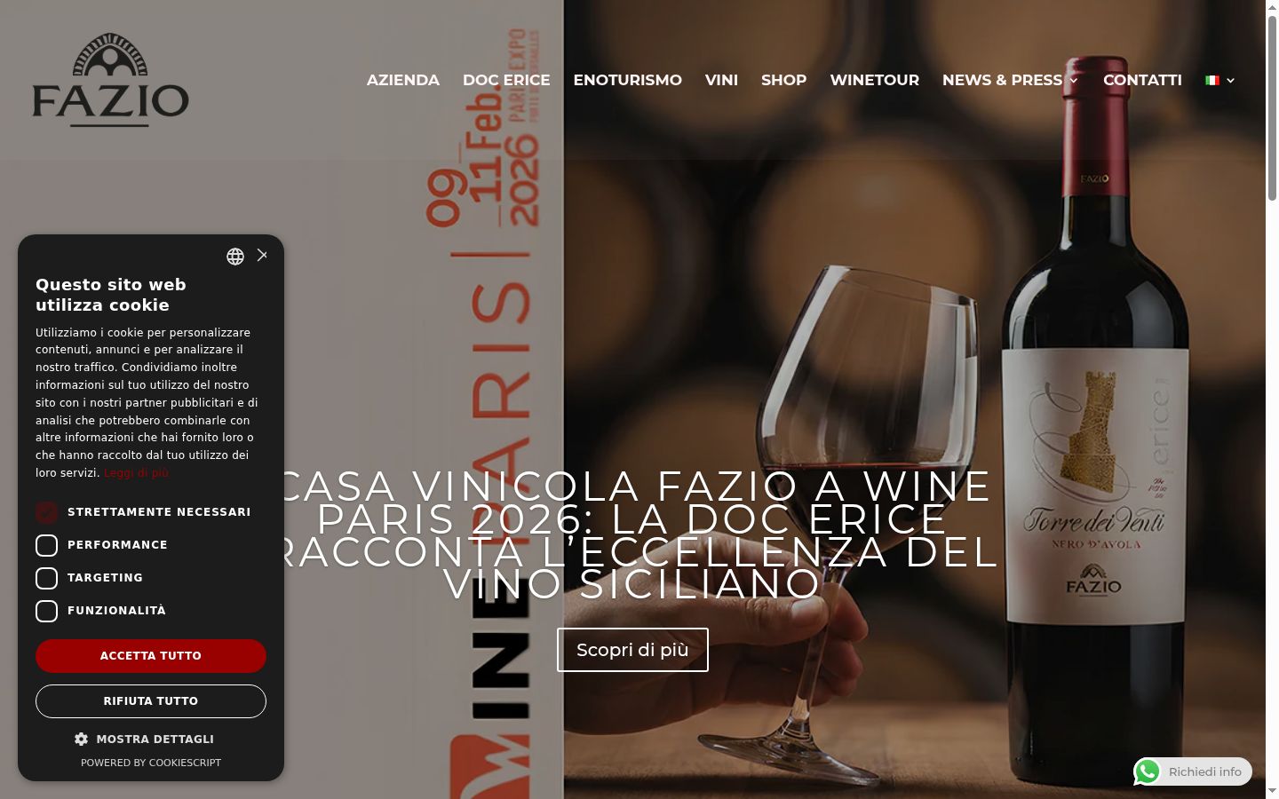 Screenshot del banner di consenso mostrato prima di qualsiasi interazione