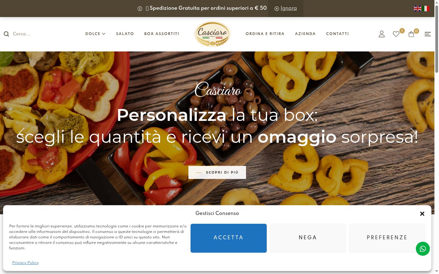 Screenshot del banner di consenso mostrato prima di qualsiasi interazione