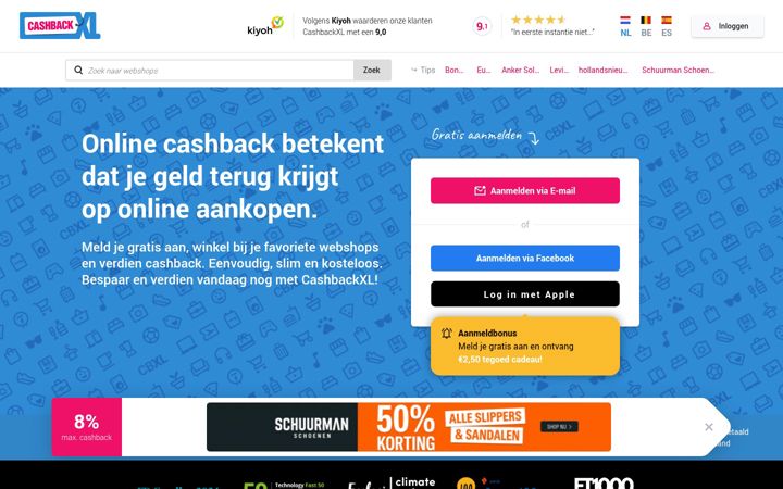 Skærmbillede af cashbackxl.nl
