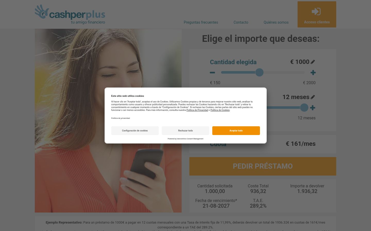 Captura de pantalla del banner de consentimiento mostrado antes de cualquier interacción