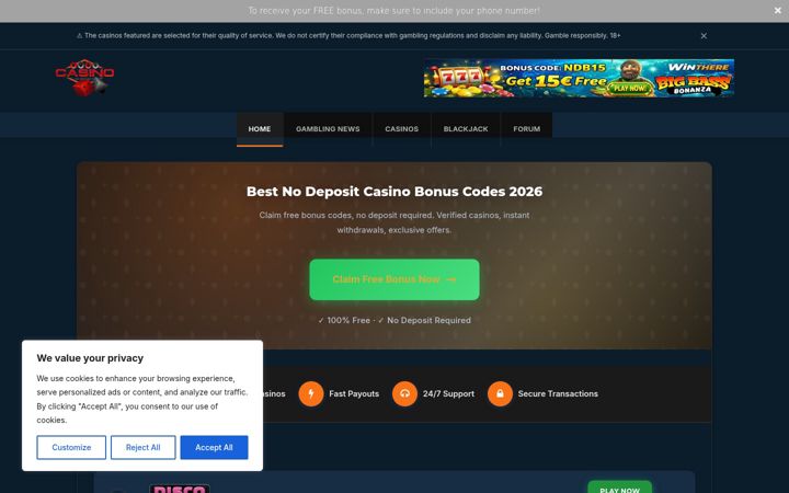 Screenshot of casinonodeposits.com
