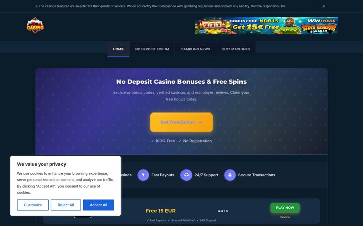 Screenshot of casinonodeposits.org