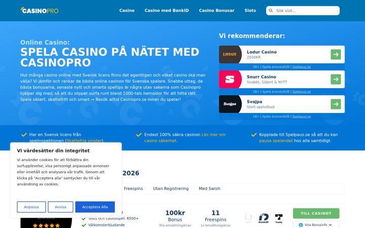 Screenshot of casinopro.se