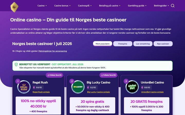 Screenshot of casinospesialisten.net