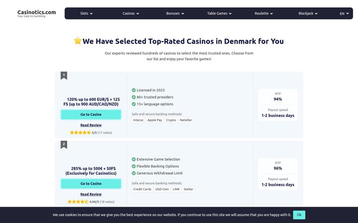 Snímek obrazovky casinotics.com