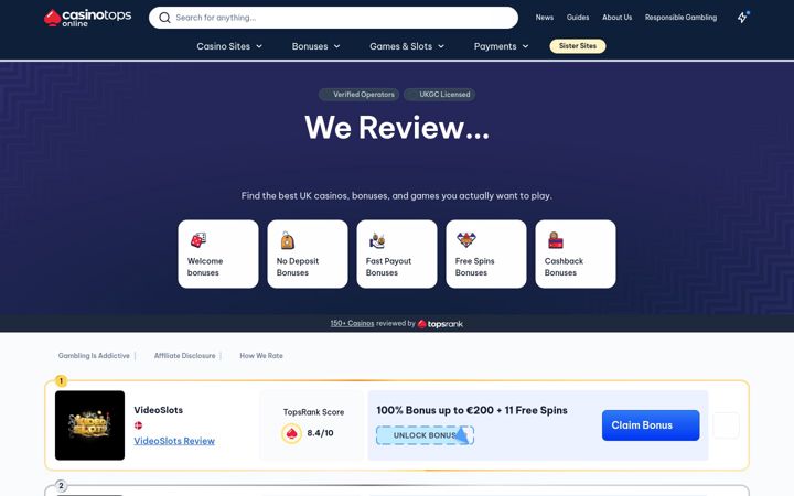 Screenshot of casinotopsonline.co.uk