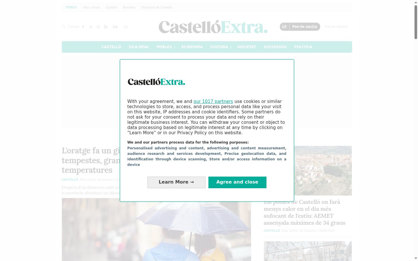 Captura de pantalla del banner de consentimiento mostrado antes de cualquier interacción
