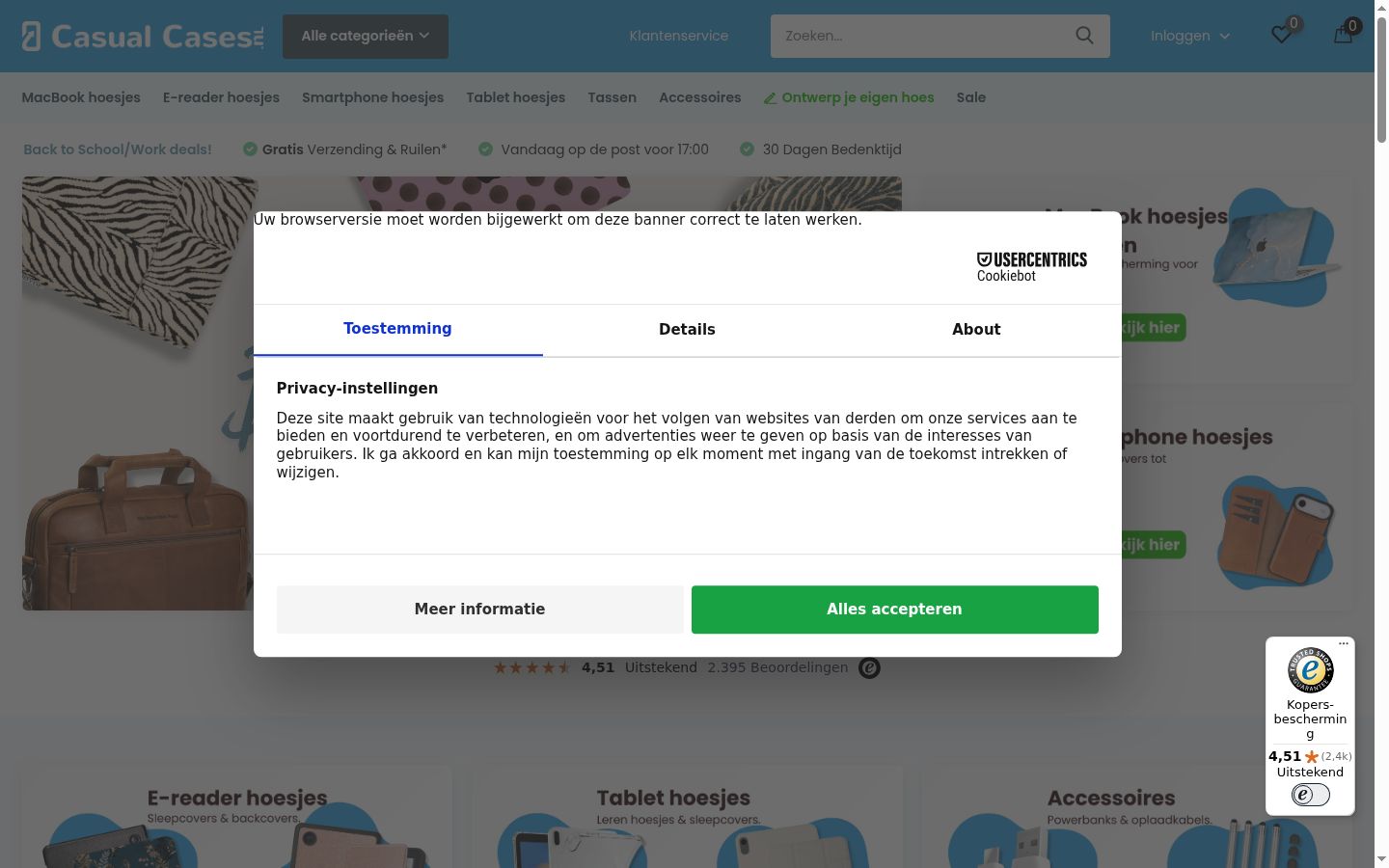 Captura de ecrã do banner de consentimento apresentado antes de qualquer interação